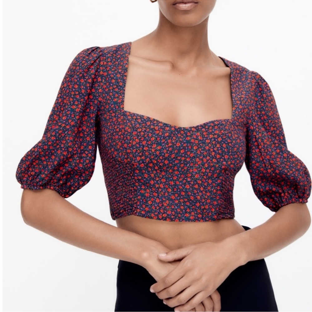 Zara Red Puff Sleeve Smocked Crop Blouse